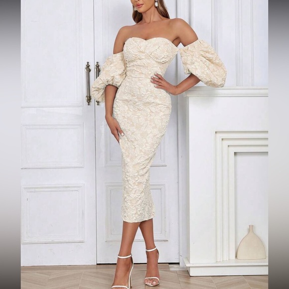 Luxe dusty pink floral jacquard off shoulder party formal evening dress - Picture 13 of 16